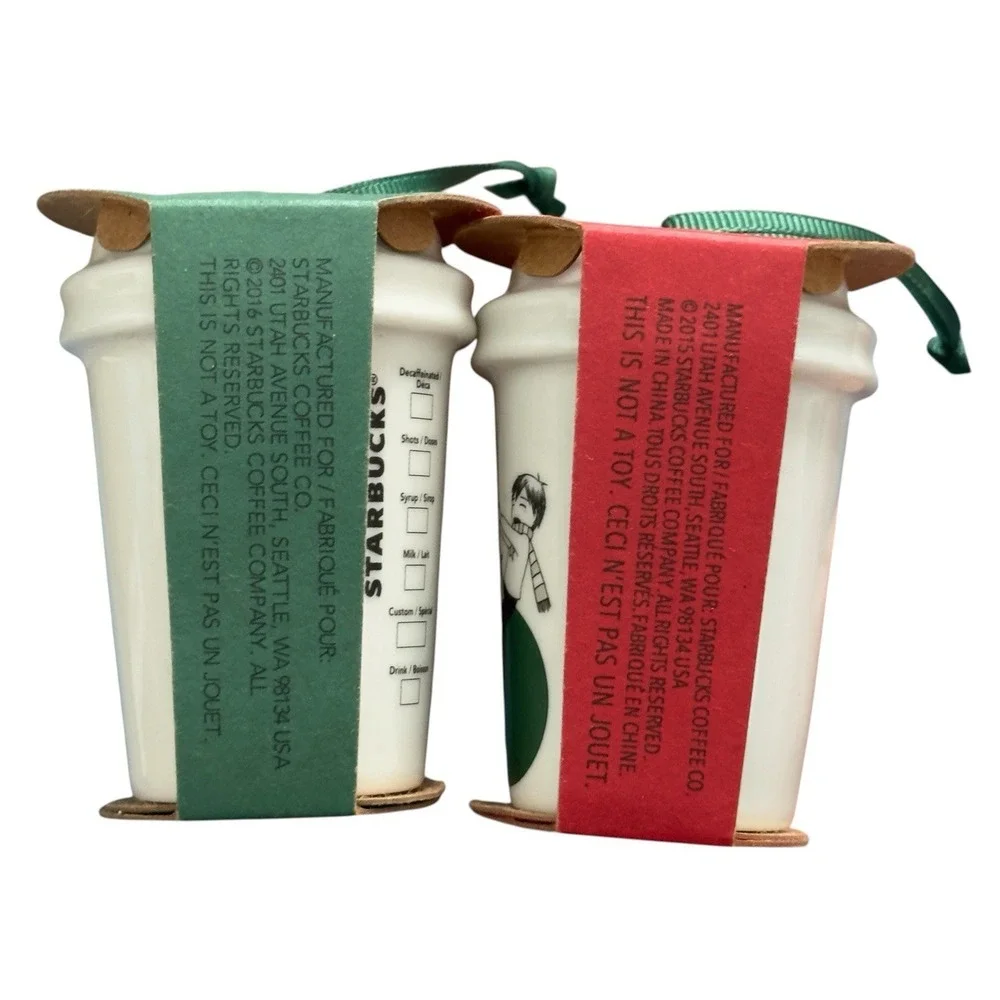 Starbucks Boy w Balloon & White Cup‎ Ornament Lot of 2